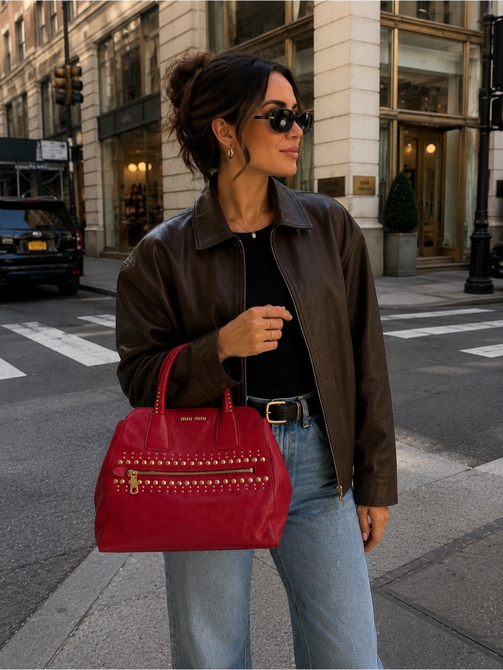 Miu Miu Red Studded Leather Tote Bag | Authentic w/ COA Y2K Gold Hardware